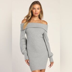 Lulus Heather Grey Off-the-Shoulder Sweater Dress
